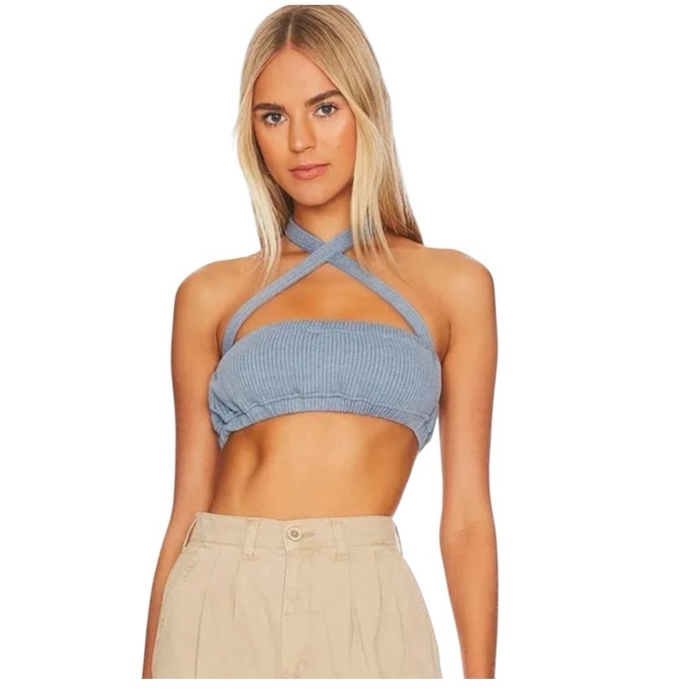 WeWoreWhat Halter Bra Top in Storm Size Medium, ribbed knit fabric & elastic